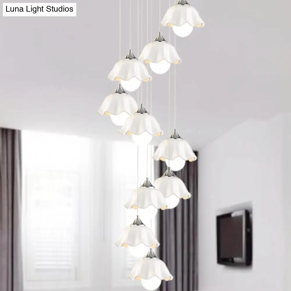 Modern 10-Light White Glass Scalloped Pendant Light For Living Room