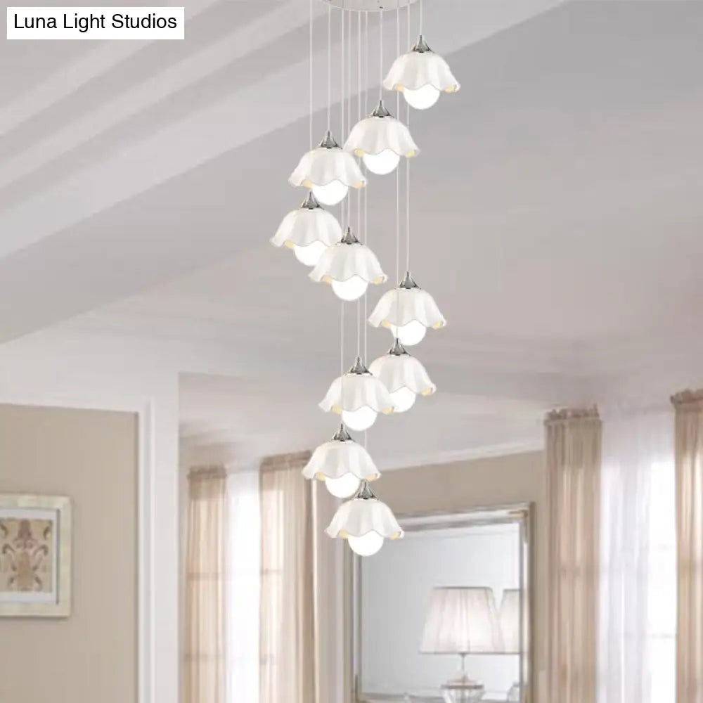 Modern 10-Light White Glass Scalloped Pendant Light For Living Room