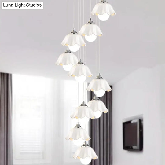 Contemporary White Glass Scalloped Pendant Lights - 10-Light Multi Lamp For Living Room