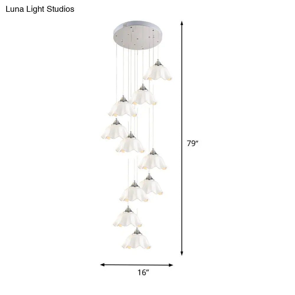 Contemporary White Glass Scalloped Pendant Lights - 10-Light Multi Lamp For Living Room