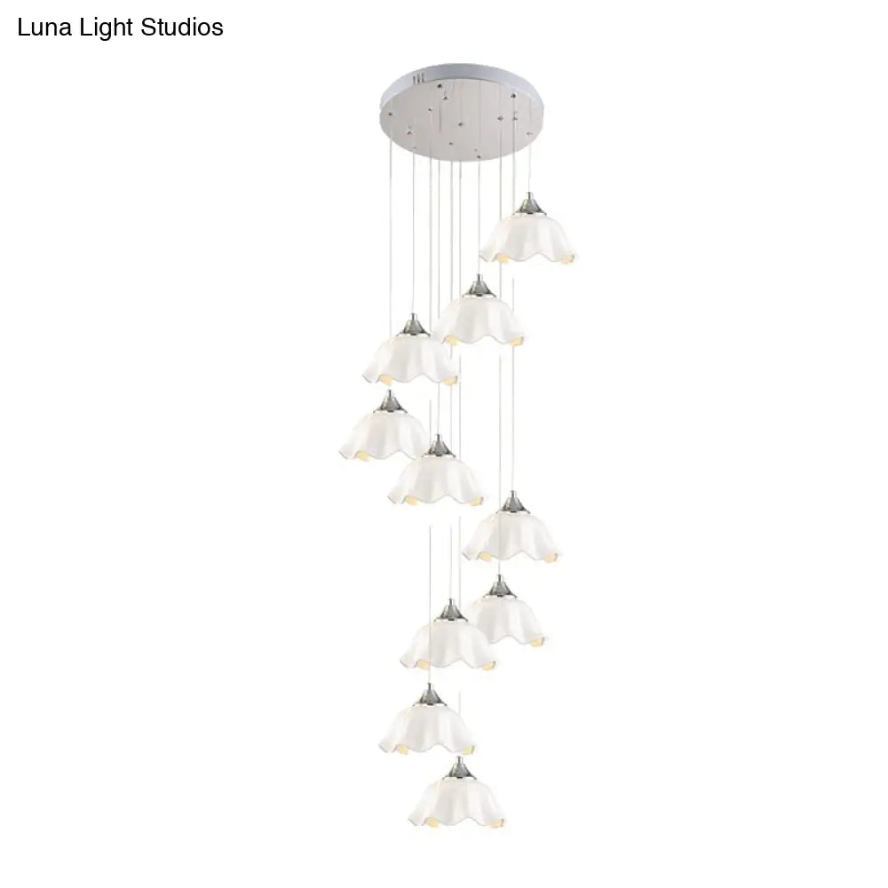 Modern 10-Light White Glass Scalloped Pendant Light For Living Room