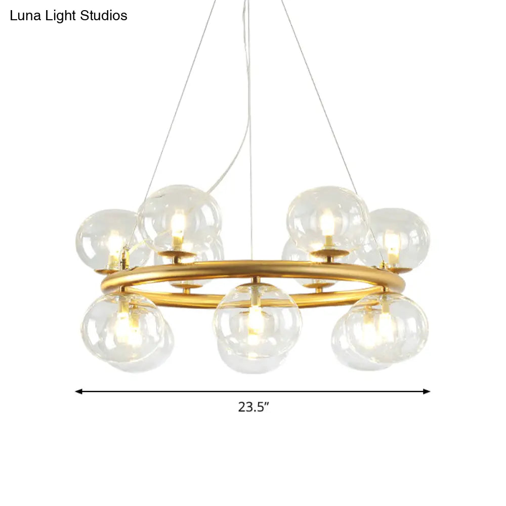 Modern 12-Bulb Gold Chandelier With Clear Glass Shade - Stylish Globe Suspension Light