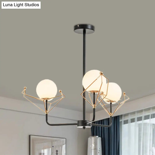 Modern 2/3/4-Headed Black Chandelier With White Glass Shades Warm/White Light - Global Hanging Lamp