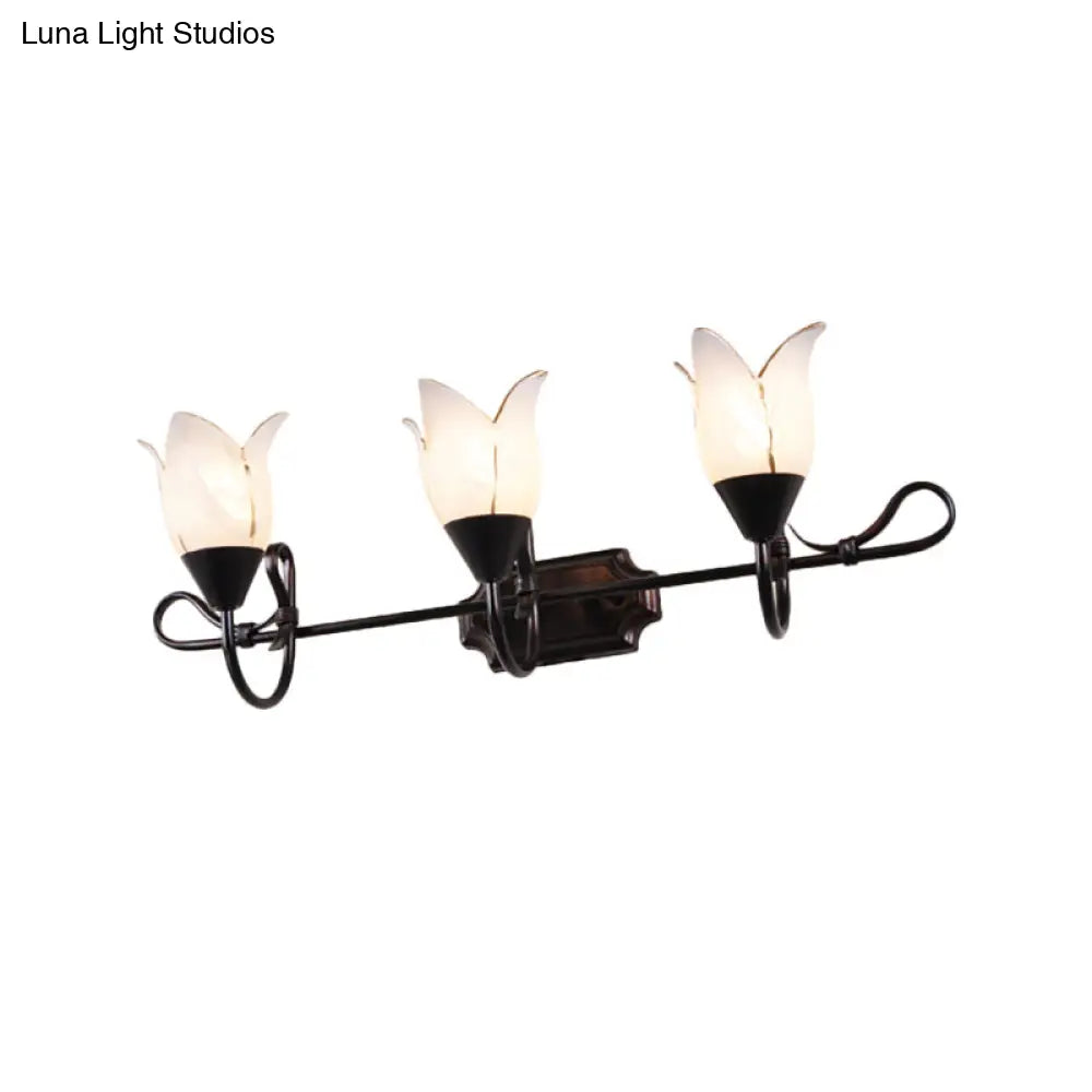 Modern 2/3-Head Vanity Light With Frosted Glass Shade - Black Finish Petal Wall Lighting