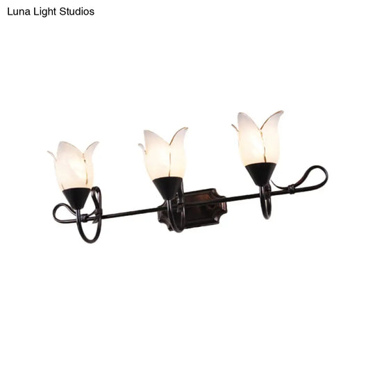 Modern 2/3-Head Vanity Light With Frosted Glass Shade - Black Finish Petal Wall Lighting