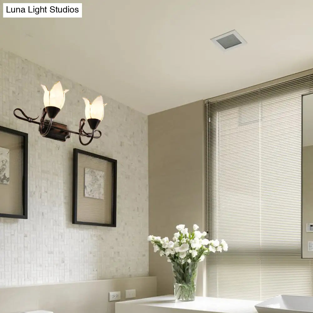 Modern 2/3-Head Vanity Light With Frosted Glass Shade - Black Finish Petal Wall Lighting