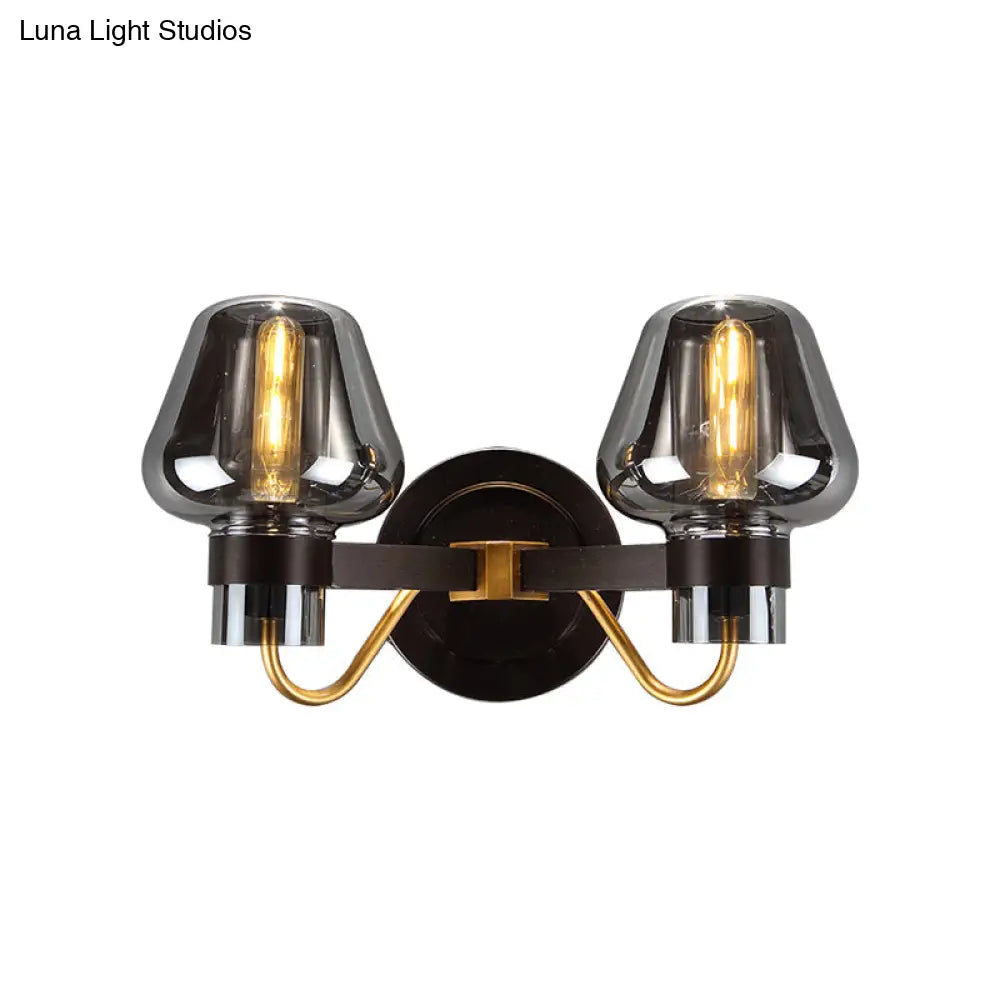 Modern 2-Bulb Wall Light: Mushroom Shade Smoked Glass Sconce For Bedroom Lighting