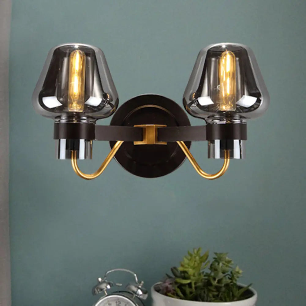 Modern 2-Bulb Wall Light: Mushroom Shade Smoked Glass Sconce For Bedroom Lighting Smoke Gray