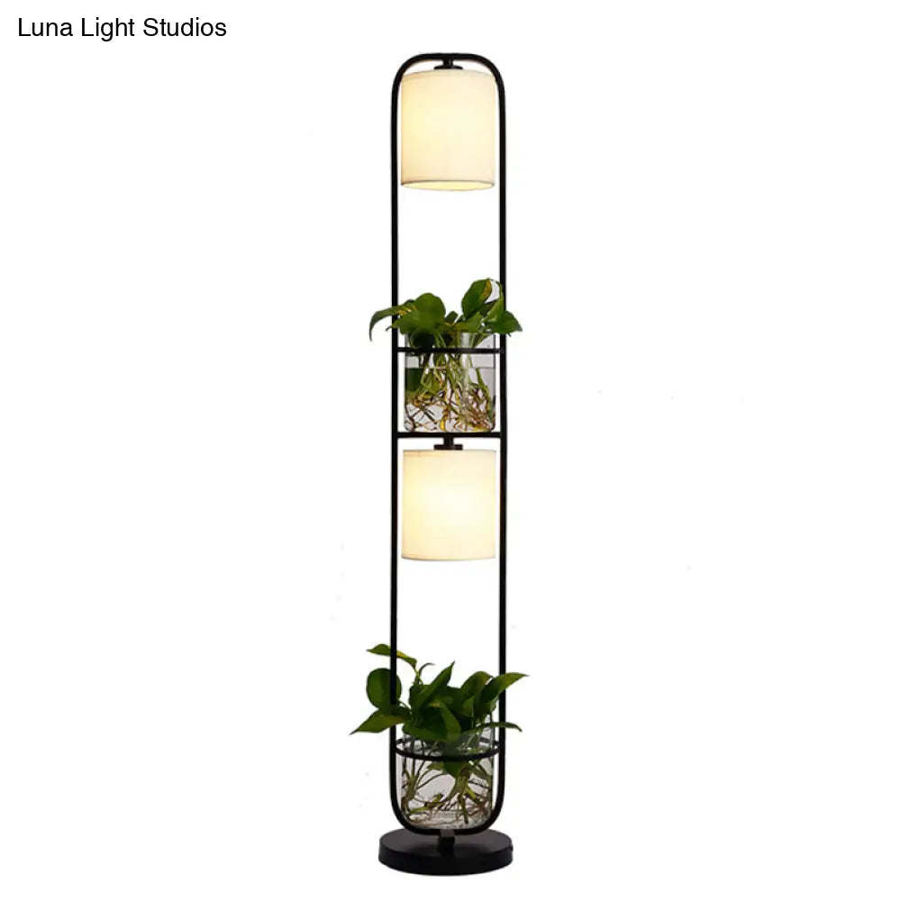 Modern 2-Headed Cylindrical Fabric Floor Lamp With Glass Plant Jar