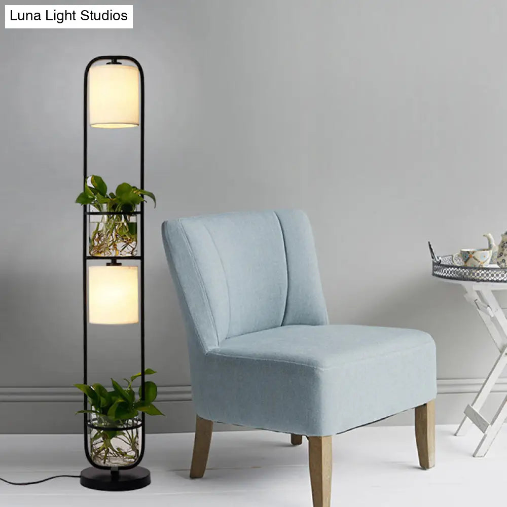 Modern 2-Headed Cylindrical Fabric Floor Lamp With Glass Plant Jar