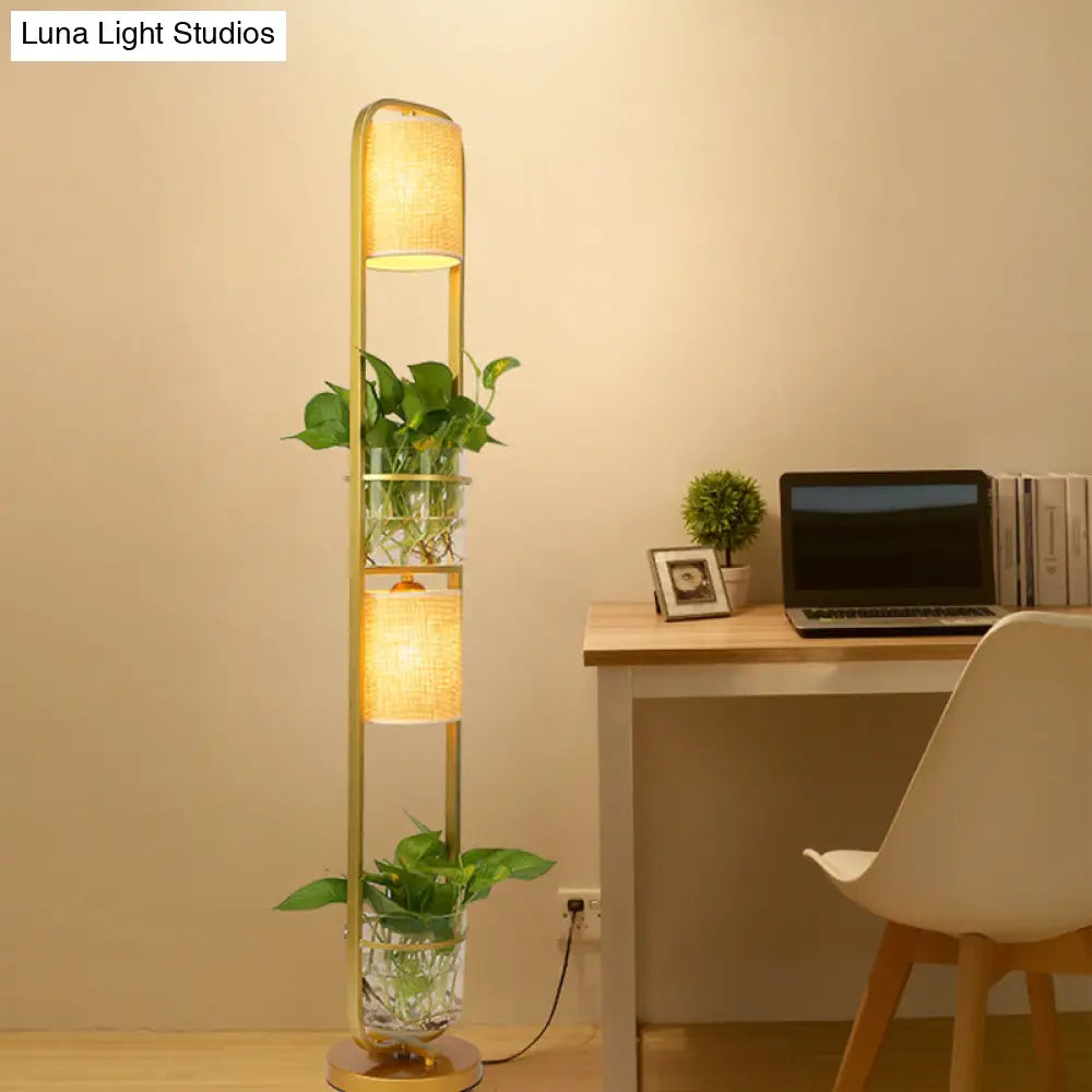 Modern 2-Headed Cylindrical Fabric Floor Lamp With Glass Plant Jar