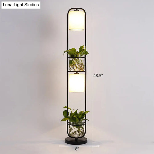 Modern 2-Headed Cylindrical Fabric Floor Lamp With Glass Plant Jar