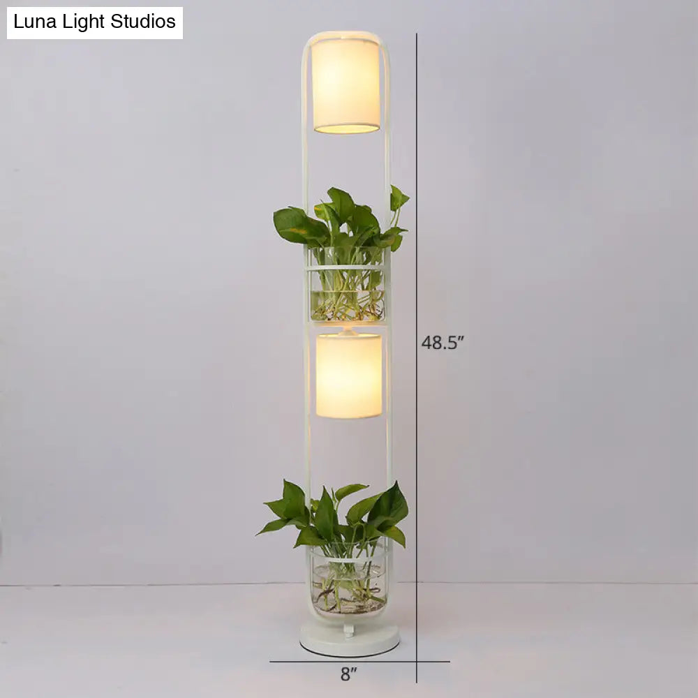 Modern 2-Headed Cylindrical Fabric Floor Lamp With Glass Plant Jar