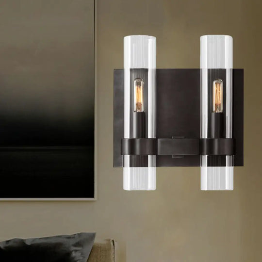 Modern 2-Headed Wall Sconce: Clear Glass Symmetrical Tube Black/Brass Finish Black