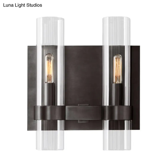 Modern 2-Headed Wall Sconce: Clear Glass Symmetrical Tube Black/Brass Finish