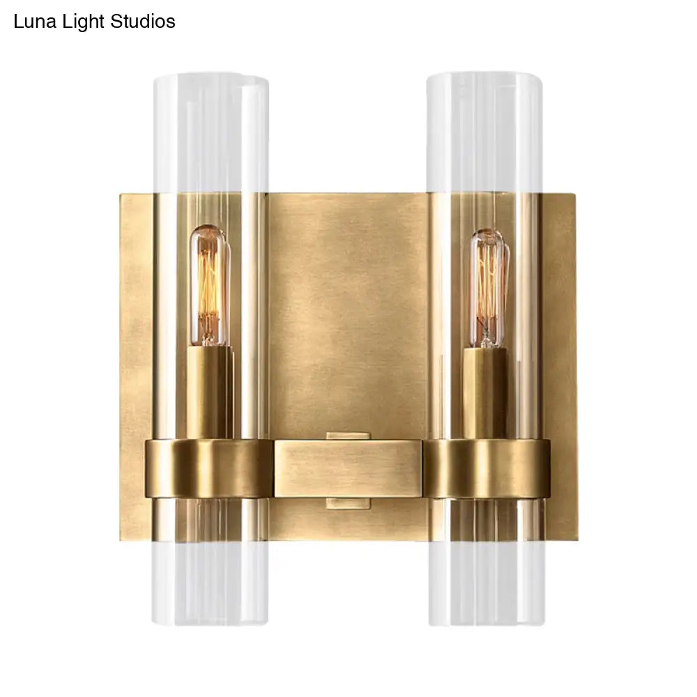 Modern 2-Headed Wall Sconce: Clear Glass Symmetrical Tube Black/Brass Finish