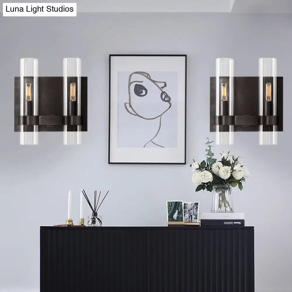 Modern 2-Headed Wall Sconce: Clear Glass Symmetrical Tube Black/Brass Finish