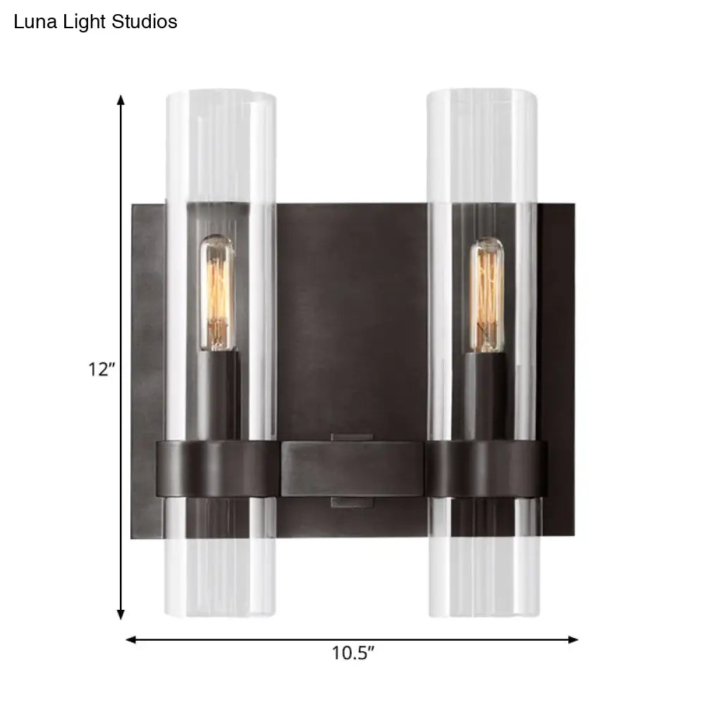 Modern 2-Headed Wall Sconce: Clear Glass Symmetrical Tube Black/Brass Finish