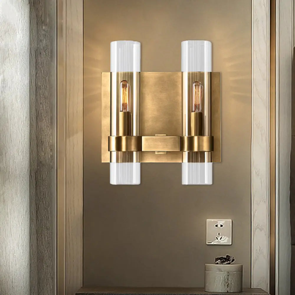 Modern 2-Headed Wall Sconce: Clear Glass Symmetrical Tube Black/Brass Finish Brass