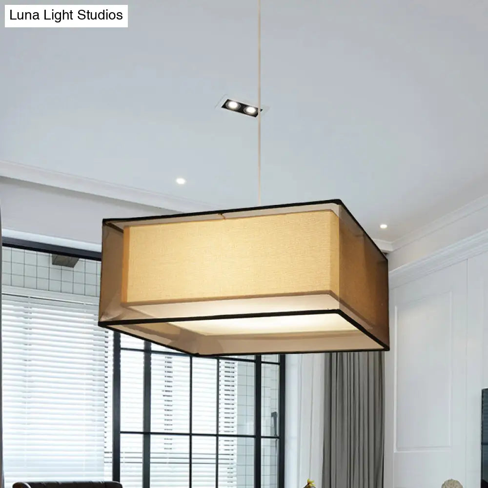 Modern 2-Layer Chandelier: Rectangle/Round Design 3 Bulbs - Flaxen Fabric Dining Room Ceiling Lamp