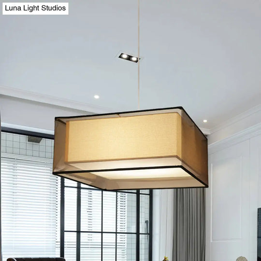 Modern 2-Layer Chandelier: Rectangle/Round Design 3 Bulbs - Flaxen Fabric Dining Room Ceiling Lamp