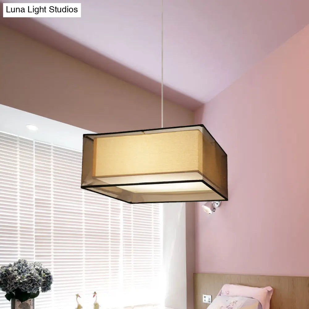 Modern 2-Layer Chandelier: Rectangle/Round Design 3 Bulbs - Flaxen Fabric Dining Room Ceiling Lamp