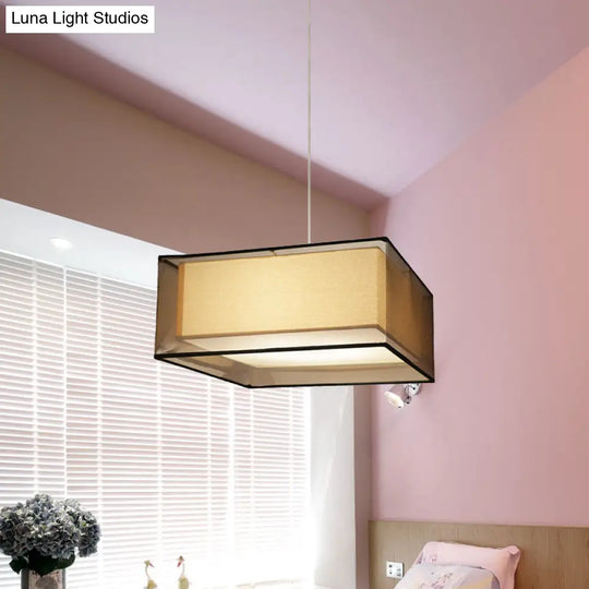 Modern 2-Layer Chandelier: Rectangle/Round Design 3 Bulbs - Flaxen Fabric Dining Room Ceiling Lamp