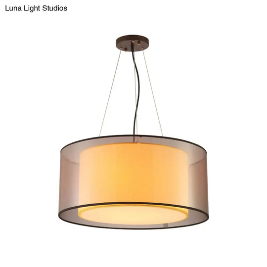 Modern 2-Layer Chandelier: Rectangle/Round Design 3 Bulbs - Flaxen Fabric Dining Room Ceiling Lamp