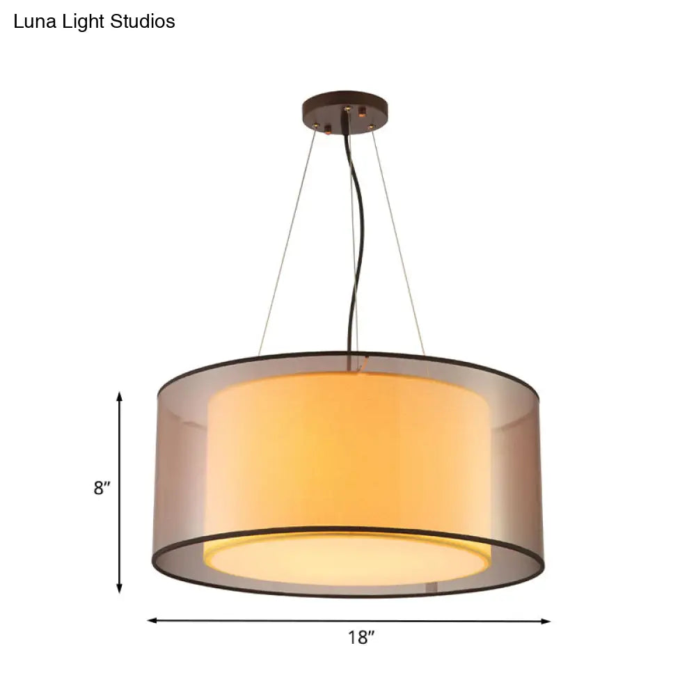 Modern 2-Layer Chandelier: Rectangle/Round Design 3 Bulbs - Flaxen Fabric Dining Room Ceiling Lamp