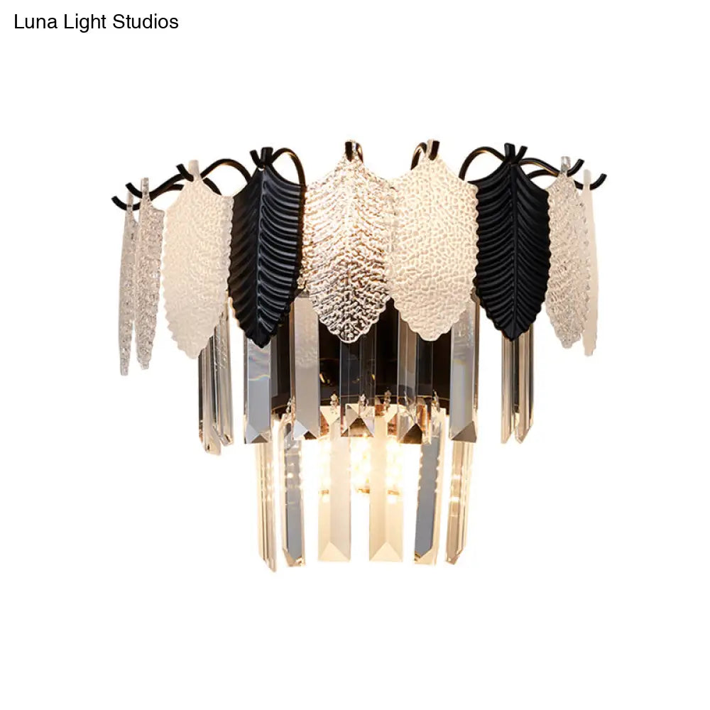 Modern 2-Layer Crystal Rectangle Sconce Light Fixture With 3-Head Black And White Wall Lamp