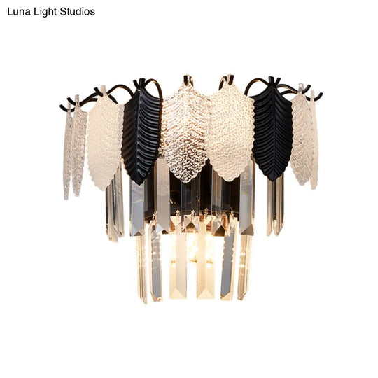 Modern 2-Layer Crystal Rectangle Sconce Light Fixture With 3-Head Black And White Wall Lamp