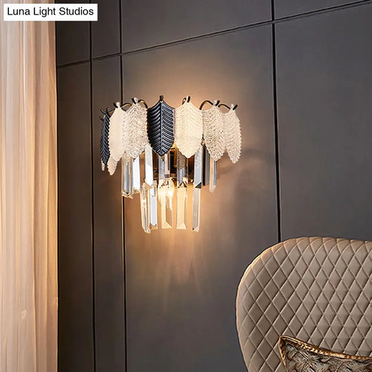 Modern 2-Layer Crystal Rectangle Sconce Light Fixture With 3-Head Black And White Wall Lamp