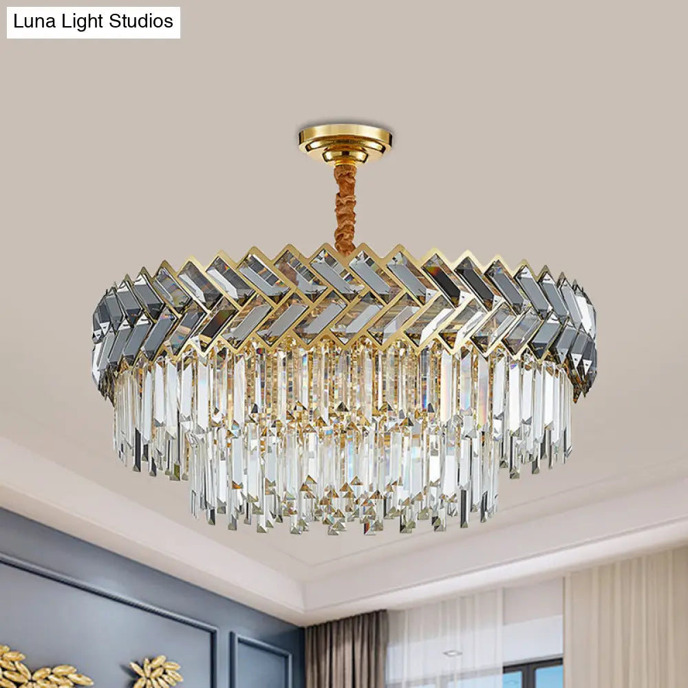 Modern 2-Layered Crystal Rods Chandelier Pendant Light - 9 Bulbs Black-Gold Herringbone Design