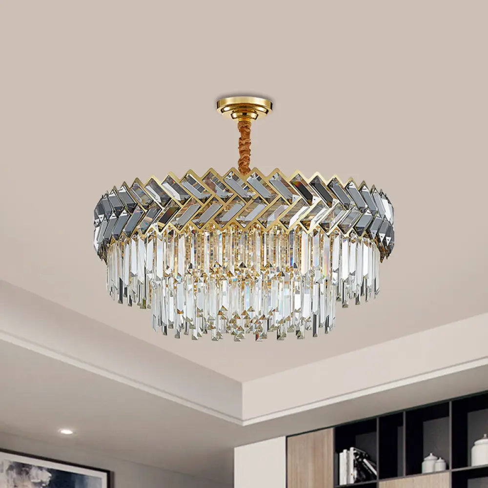 Modern 2-Layered Crystal Rods Chandelier Pendant Light - 9 Bulbs Black-Gold Herringbone Design