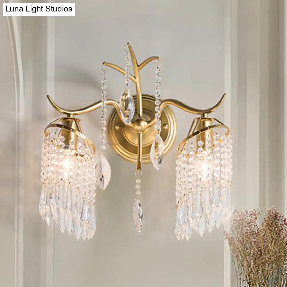 Modern 2-Light Crystal Shade Wall Sconce With Brass Branch Fixture