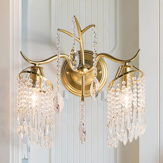 Modern 2-Light Crystal Shade Wall Sconce With Brass Branch Fixture