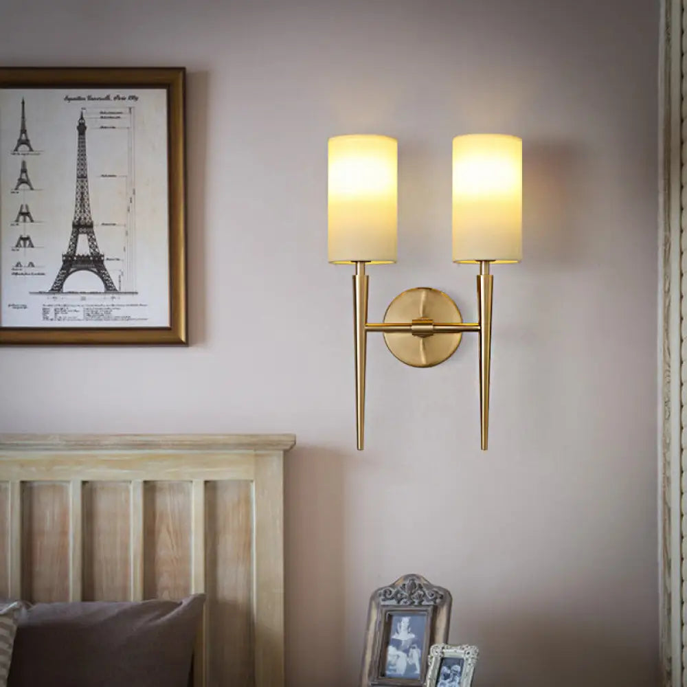 Modern 2-Light Metal Brass Wall Lamp With Symmetric Cylinder Design Fabric Shade - Ideal For Bedroom