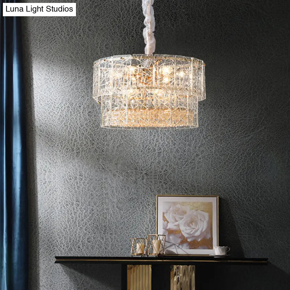 Modern 2-Tier Clear Glass Chandelier Pendant Light With Octagonal Crystal Beads