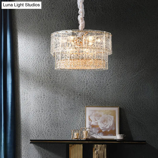 Modern 2-Tier Clear Glass Chandelier Pendant Light With Octagonal Crystal Beads