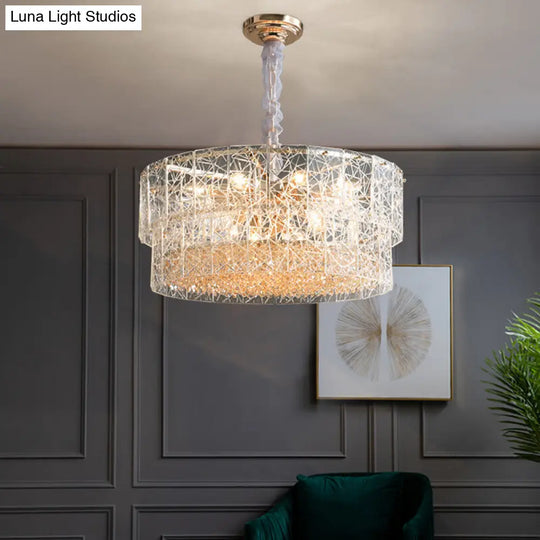 Modern 2-Tier Clear Glass Chandelier Pendant Light With Octagonal Crystal Beads