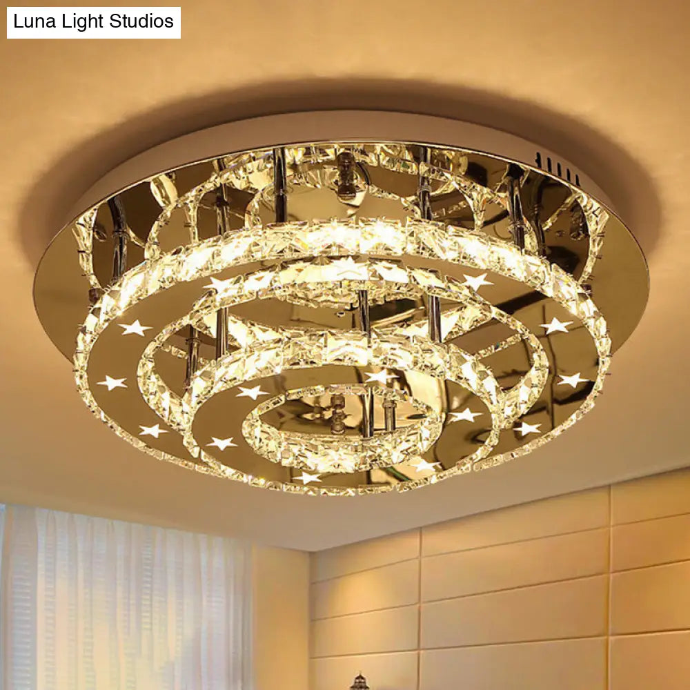 Modern 2-Tier Crystal Led Ceiling Light In Chrome: Warm White And 3-Color Options 18-25.5 Wide