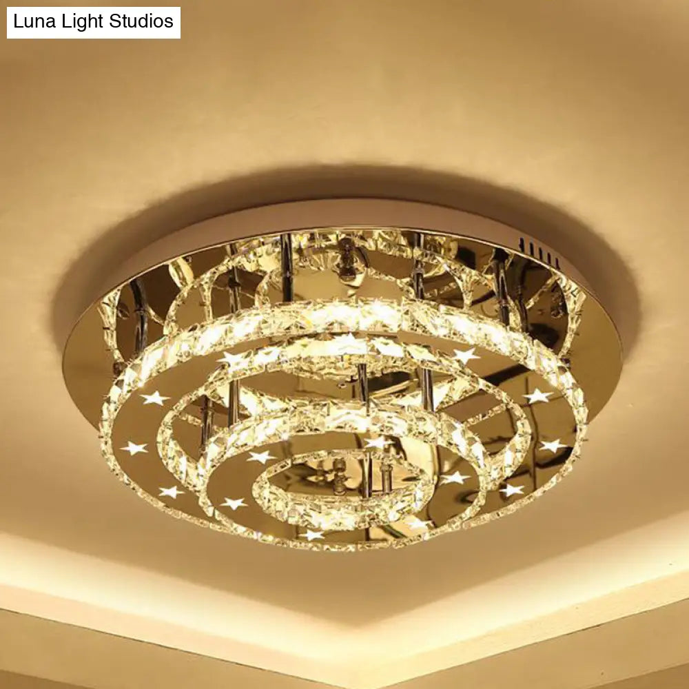 Modern 2-Tier Crystal Led Ceiling Light In Chrome: Warm White And 3-Color Options 18-25.5 Wide