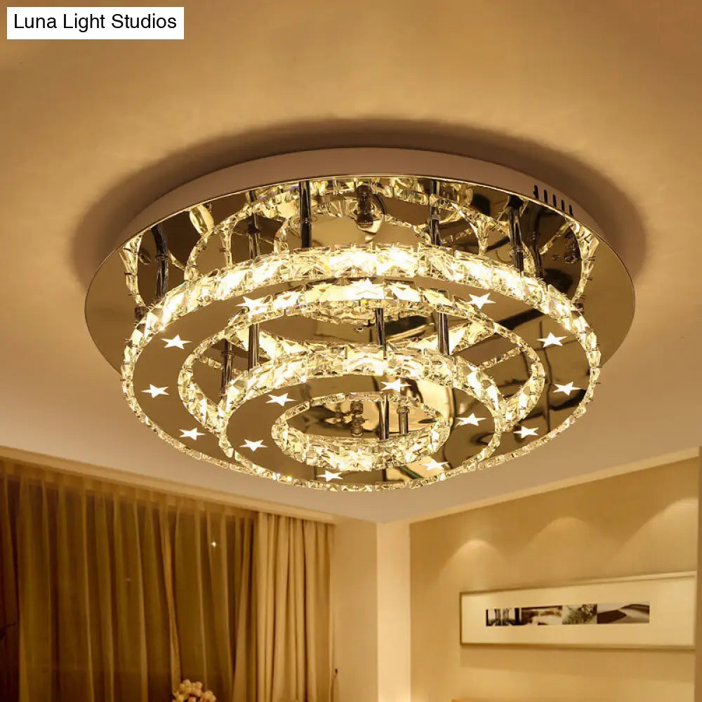 Modern 2-Tier Crystal Led Ceiling Light In Chrome: Warm White And 3-Color Options 18-25.5 Wide