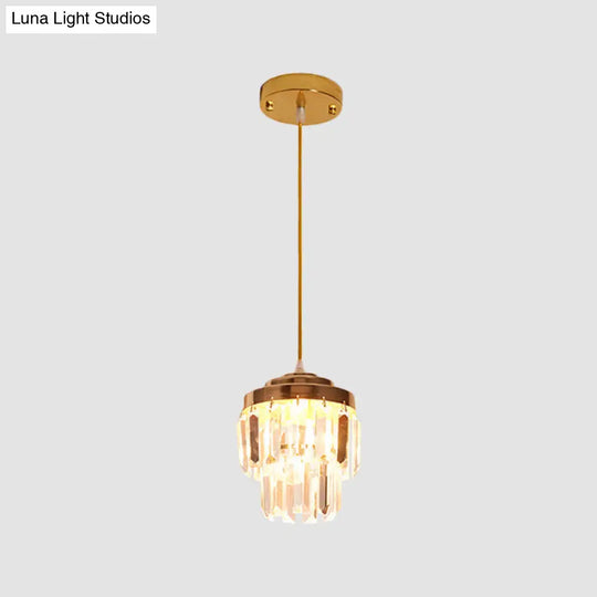 Modern 2-Tier Crystal Pendant Light With 1 Bulb Corridor Ceiling Suspension Lamp In Black/Gold