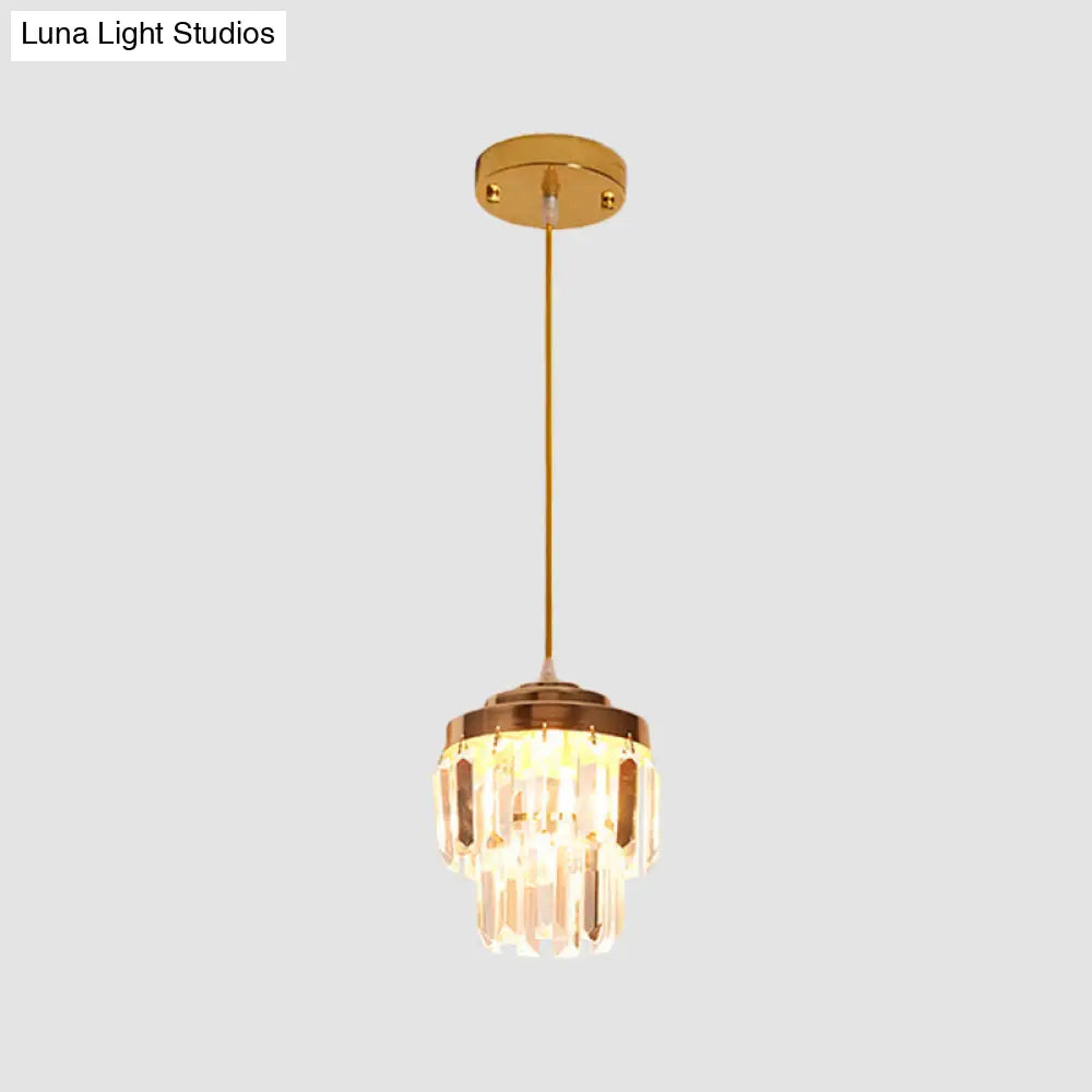 Modern 2-Tier Crystal Pendant Light With 1 Bulb Corridor Ceiling Suspension Lamp In Black/Gold