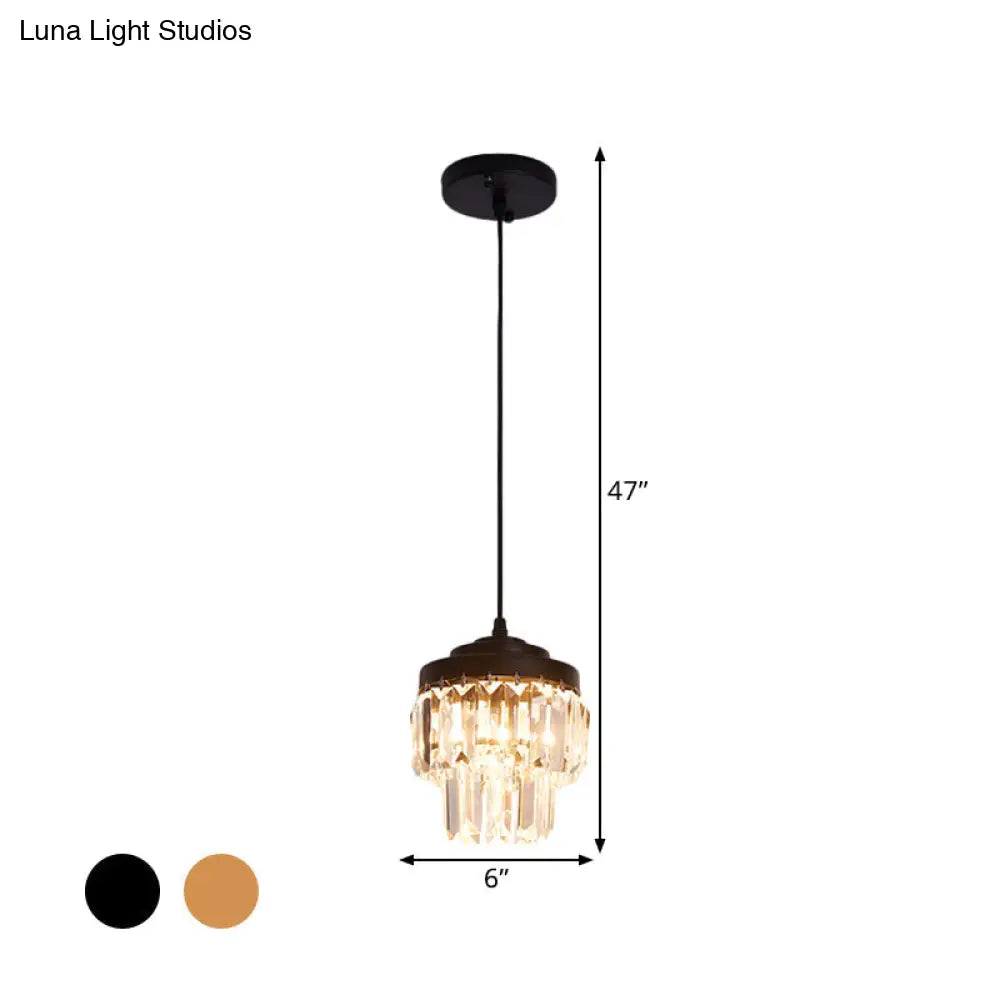 Modern 2-Tier Crystal Pendant Light With 1 Bulb Corridor Ceiling Suspension Lamp In Black/Gold