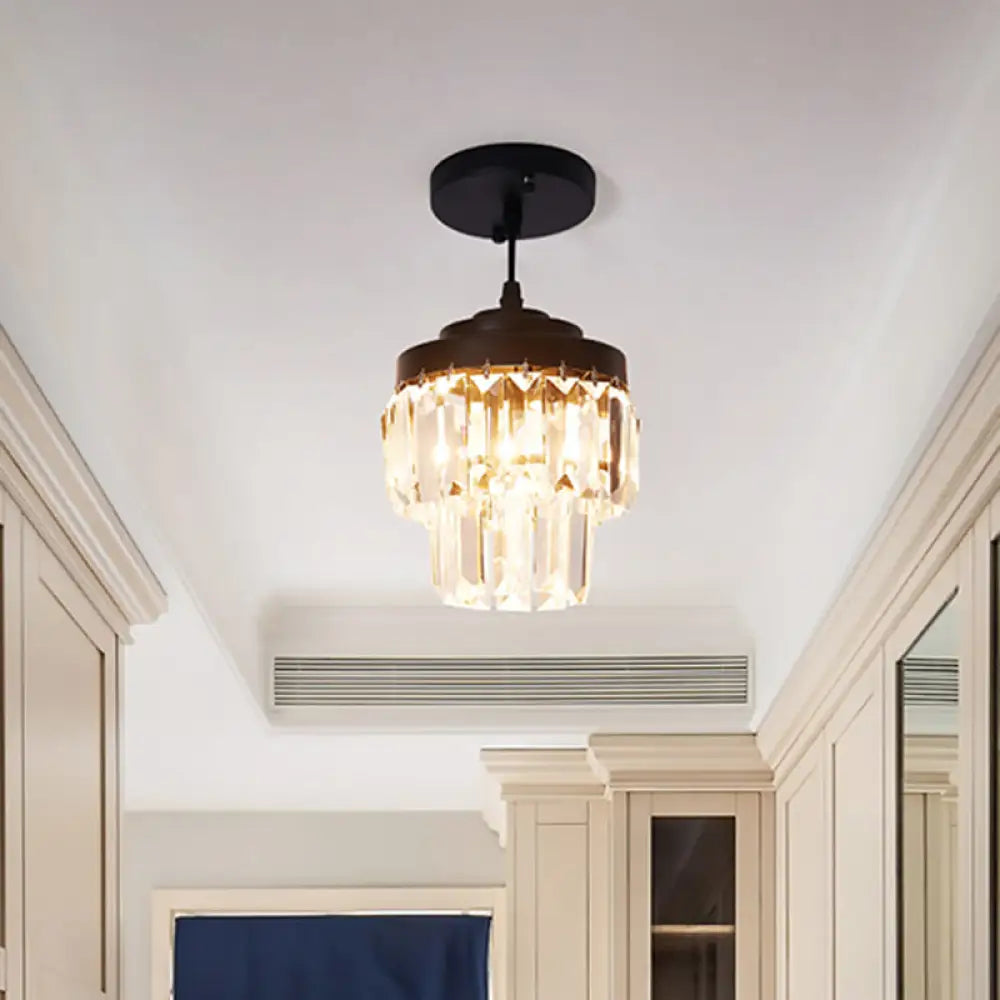Modern 2-Tier Crystal Pendant Light With 1 Bulb Corridor Ceiling Suspension Lamp In Black/Gold Black