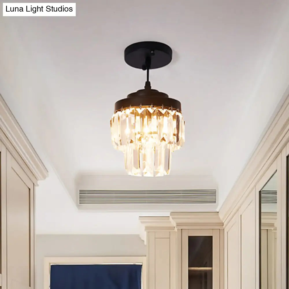 Modern 2-Tier Crystal Pendant Light With 1 Bulb Corridor Ceiling Suspension Lamp In Black/Gold Black
