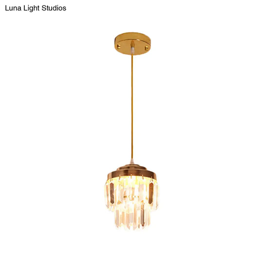 Modern 2-Tier Crystal Pendant Light With 1 Bulb Corridor Ceiling Suspension Lamp In Black/Gold