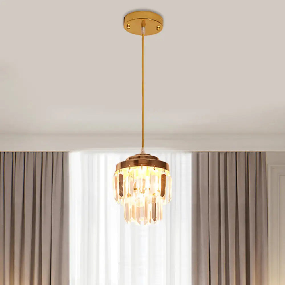 Modern 2-Tier Crystal Pendant Light With 1 Bulb Corridor Ceiling Suspension Lamp In Black/Gold Gold